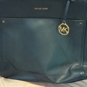 Michael Kors Deep Blue Saffiano Leather Tote with Gold MK Charm